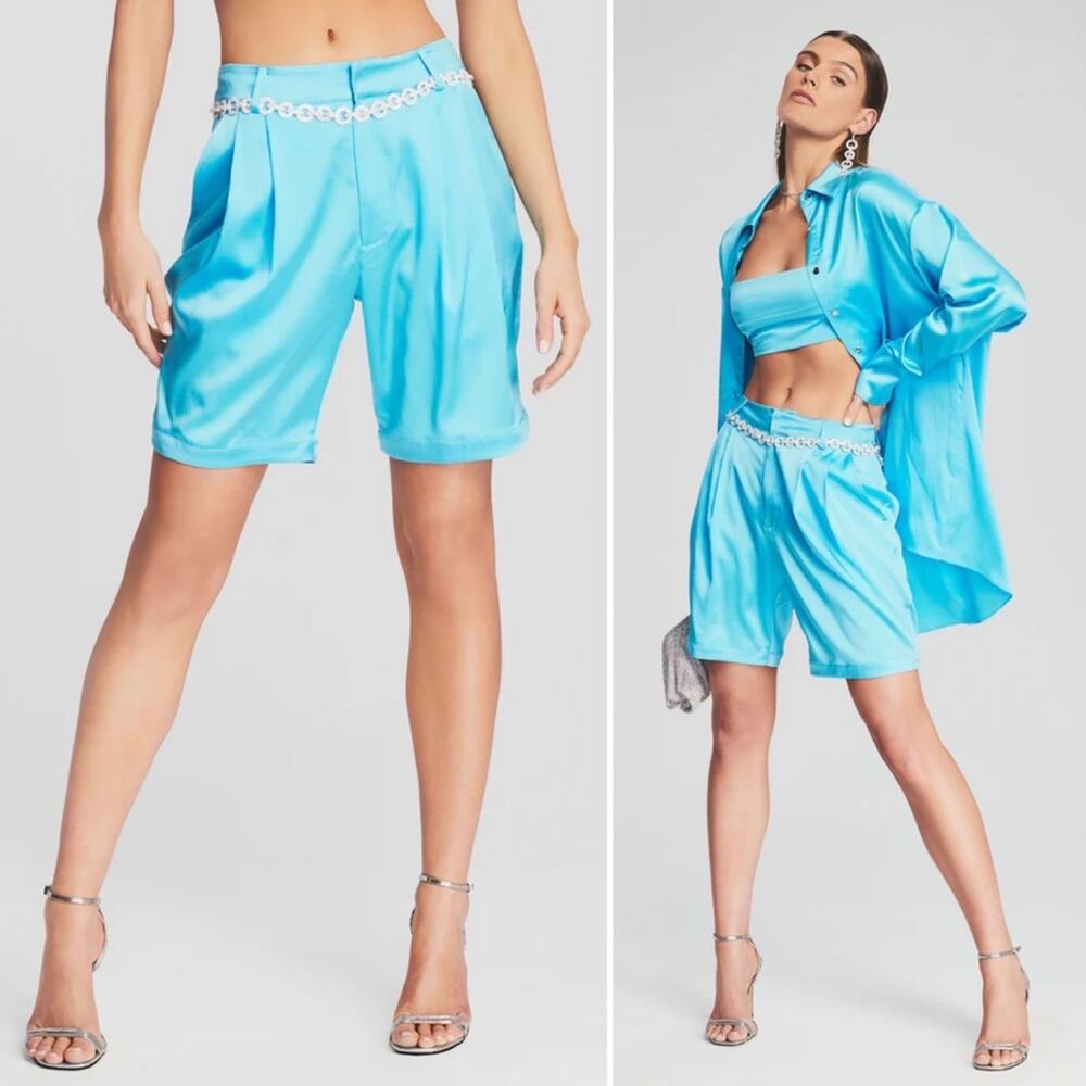 RETROFETE Riri Silk Shorts Bright Blue Atoll Relaxed Bermuda Pockets Medium NEW